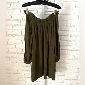 Lou & Grey Olive Green Off-the-Shoulder Smocked Mini Dress XS